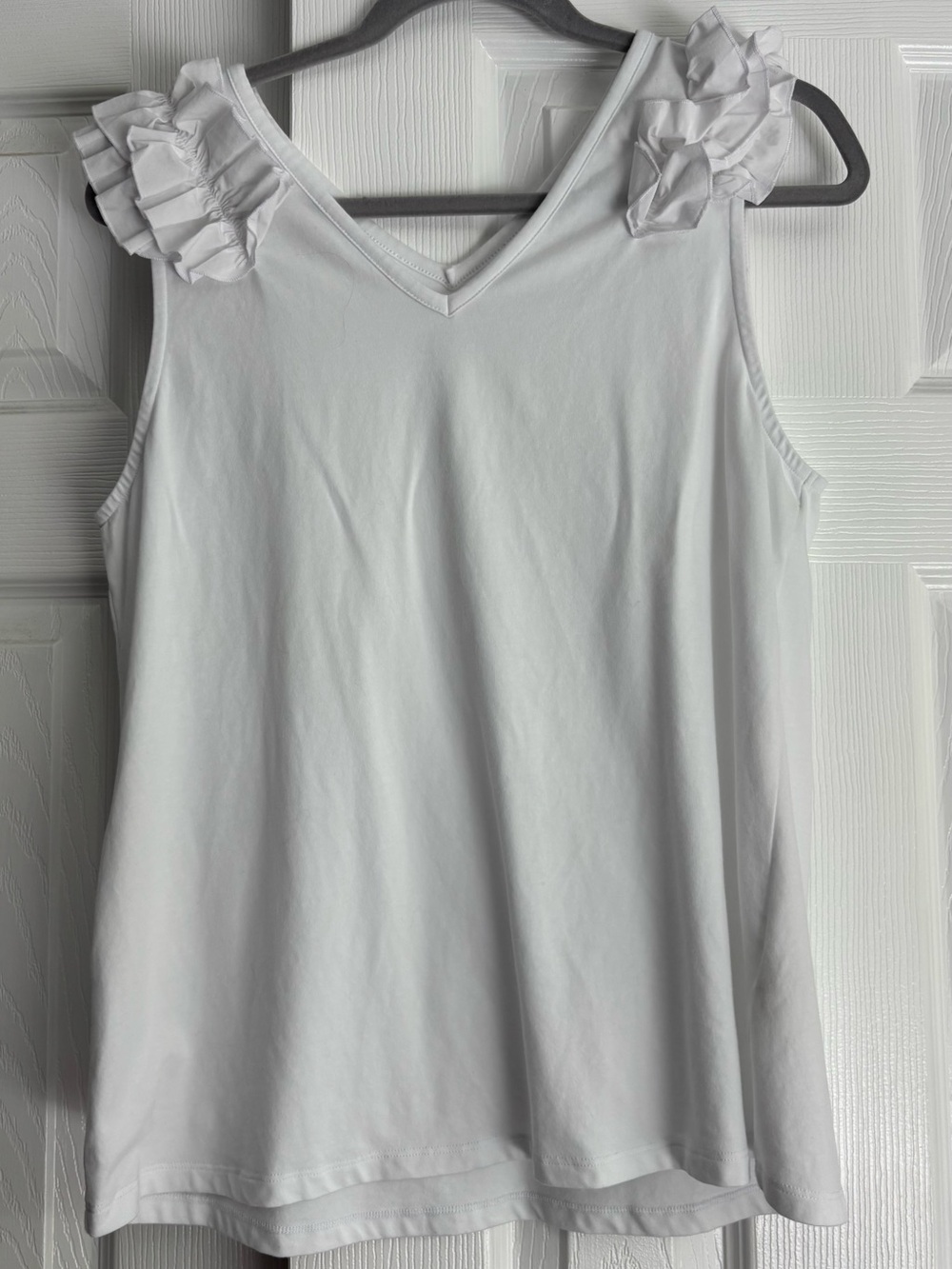 Soft Surroundings Double Ruffle Shoulder Crisp White Sleeveless T Shirt Size L